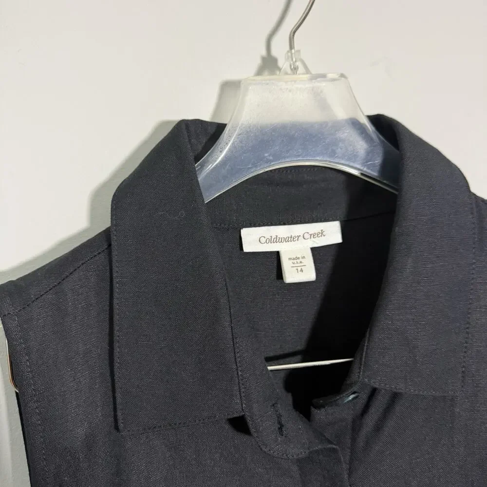 Coldwater Creek Black Linen Maxi Dress Button Front Collared Belt 14 A-line NEW - Picture 4 of 7